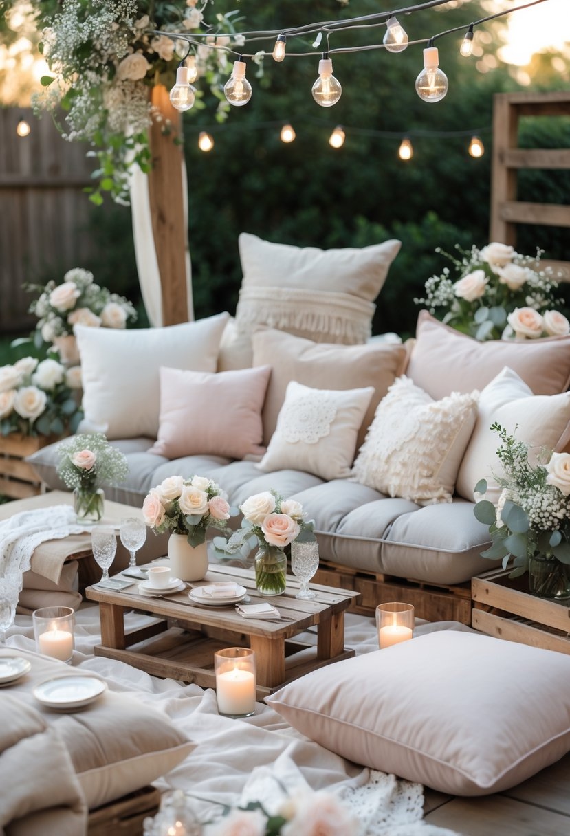 A cozy outdoor seating area with cushions, soft throws, flowers, and candles arranged for a wedding shower celebration.