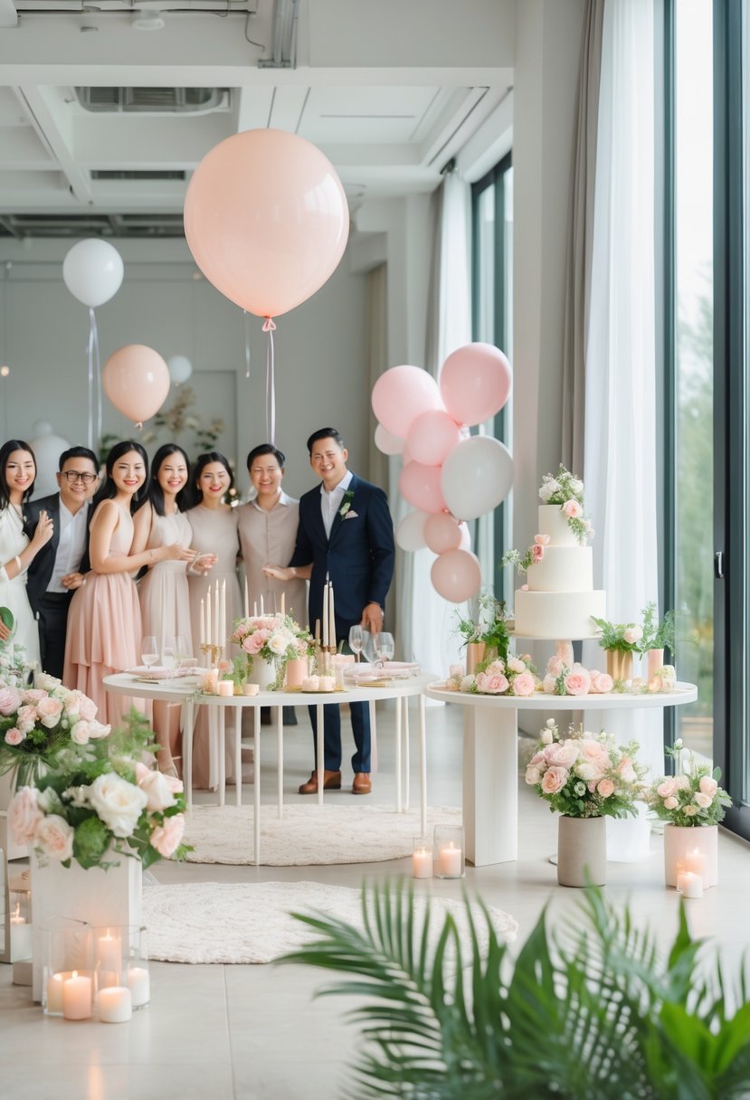 A happy couple surrounded by friends and family celebrating a modern wedding shower in a beautifully decorated indoor space with flowers and balloons.