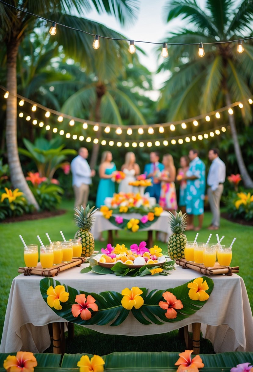 An outdoor tropical wedding shower with Hawaiian decorations, colorful flowers, tiki torches, and guests enjoying the celebration.