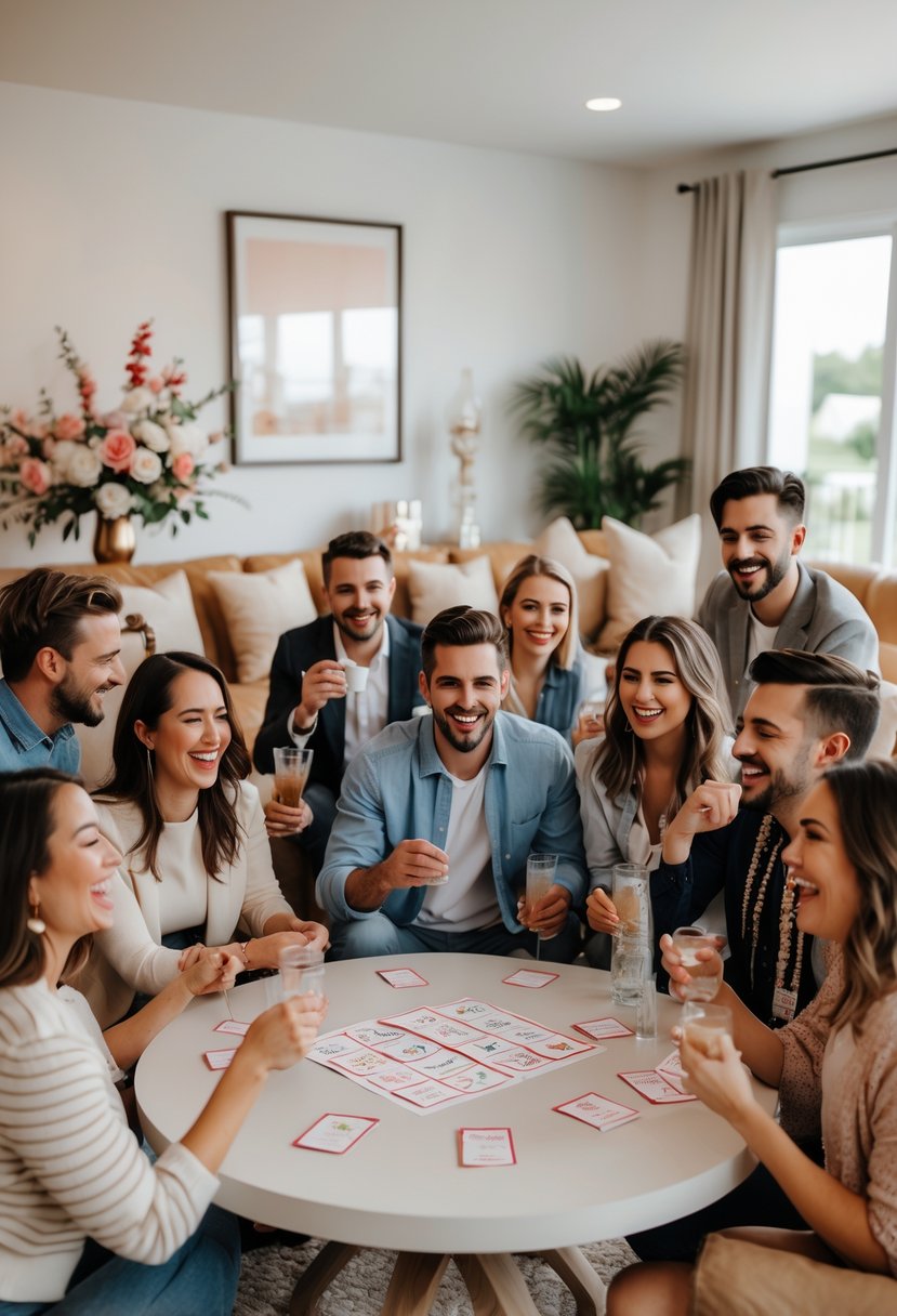A group of young adults playing a trivia game together at a wedding shower, smiling and enjoying the moment around a table in a decorated living room.