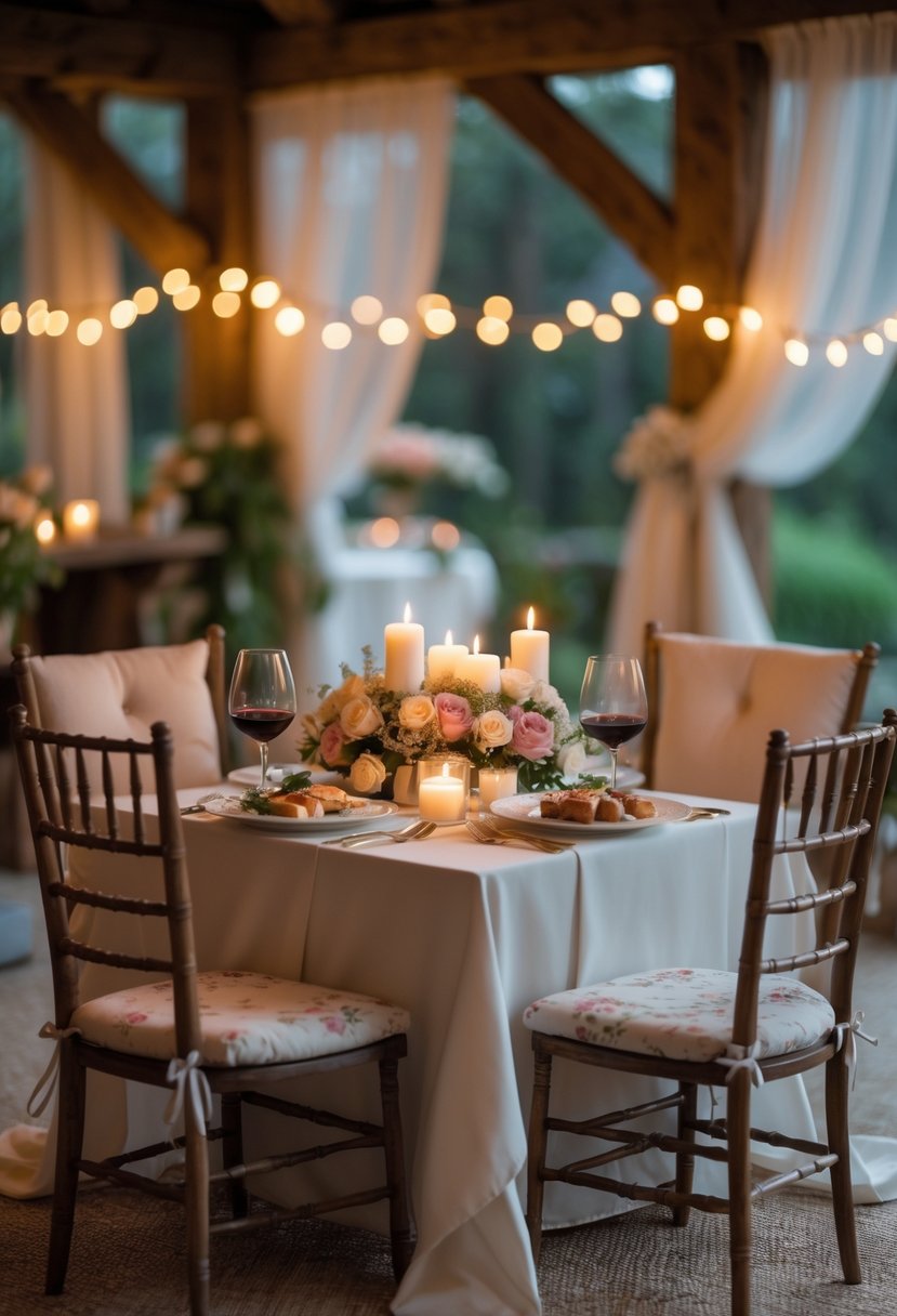 A cozy candlelit dinner table set for two with flowers, candles, wine glasses, and appetizers in a warm, intimate indoor setting.