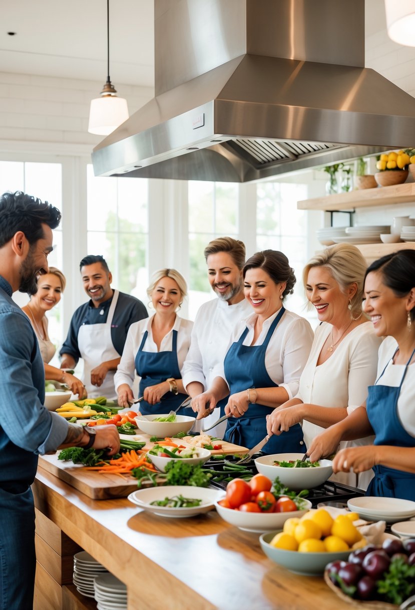 A group of people cooking together in a bright kitchen, preparing food and enjoying a cooking class.