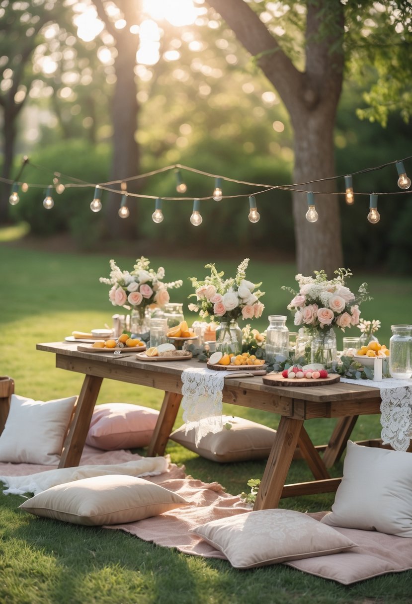 An outdoor picnic setup with a wooden table, floral decorations, glassware, blankets, and cushions on green grass under trees.