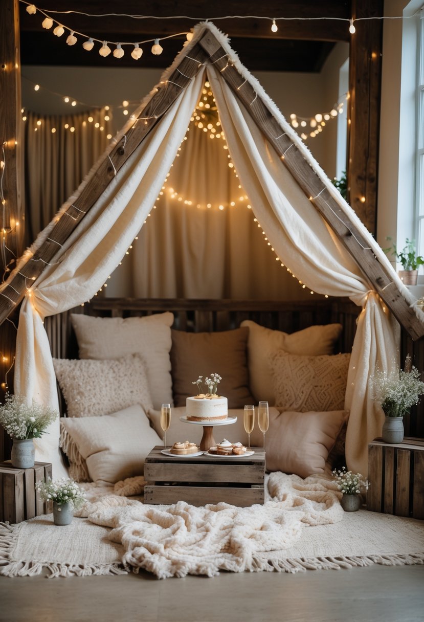 A cozy indoor blanket fort lounge decorated for a wedding shower with cushions, fairy lights, flowers, and rustic decor.