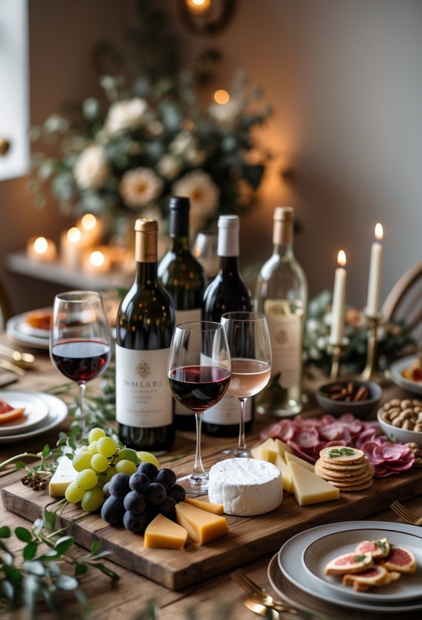 A rustic wooden table set with glasses of red, white, and rosé wine, cheese platters, fruits, and charcuterie boards in a warmly lit room decorated with flowers and candles.