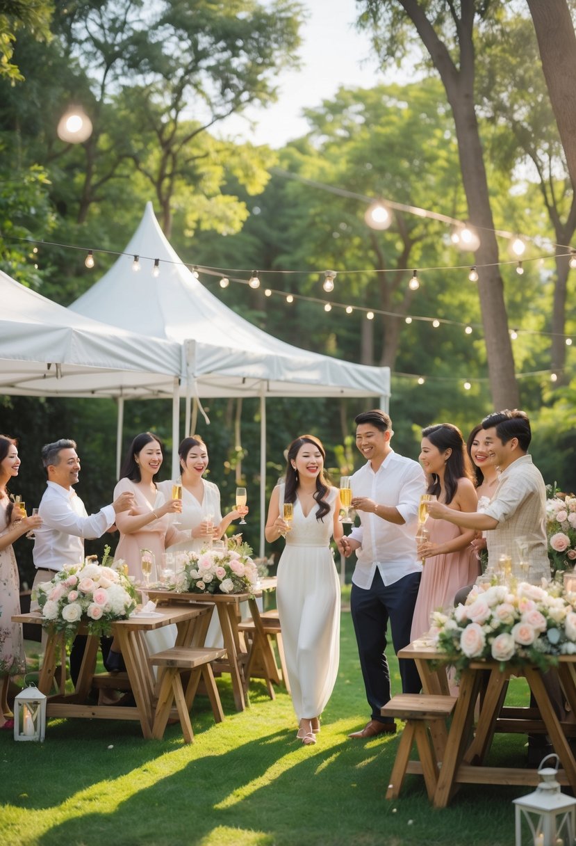 A happy couple celebrating an outdoor wedding shower with friends and family in a decorated garden setting.