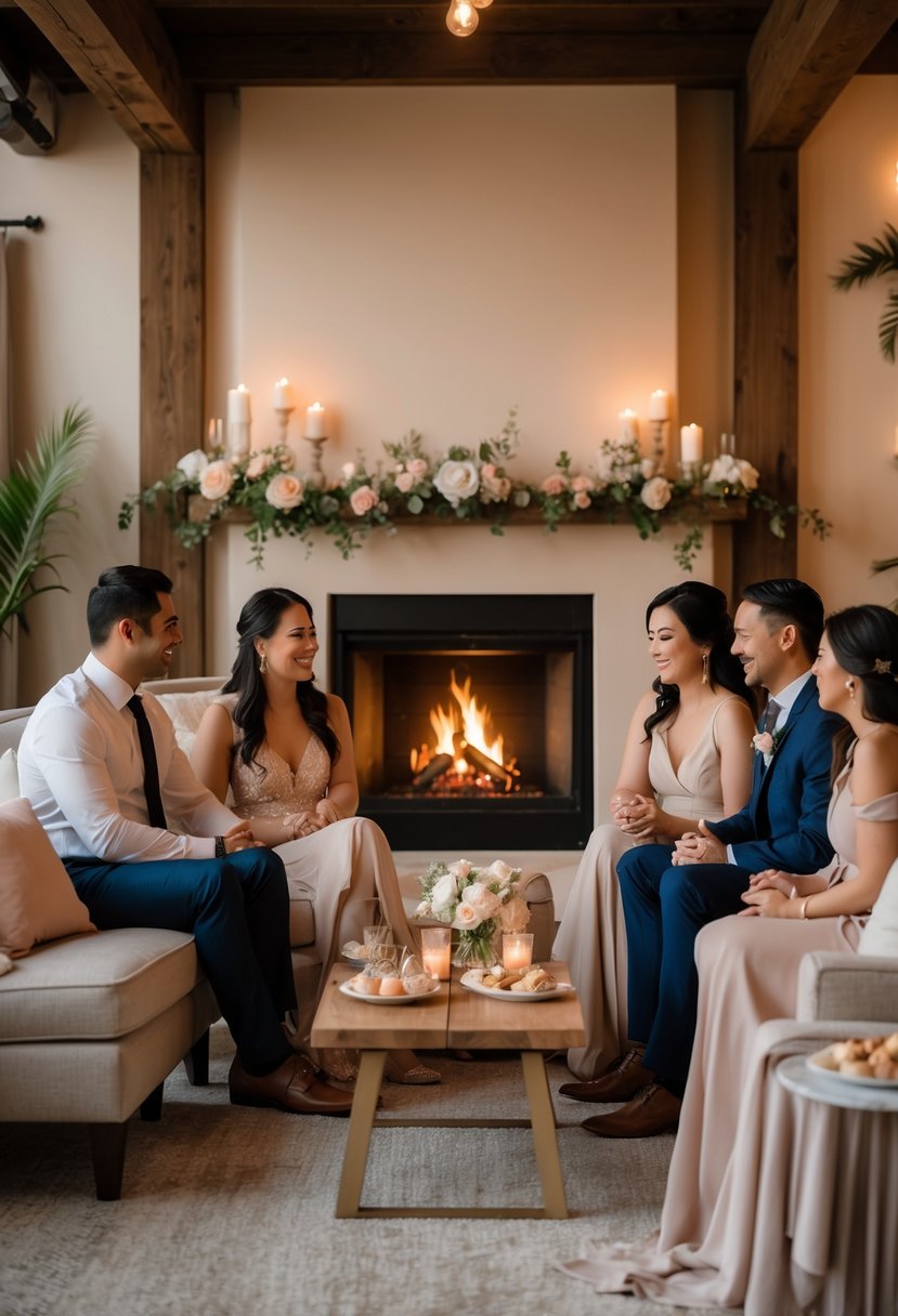 Couples sitting in a circle near a warm fireplace, chatting and enjoying a cozy wedding shower gathering.