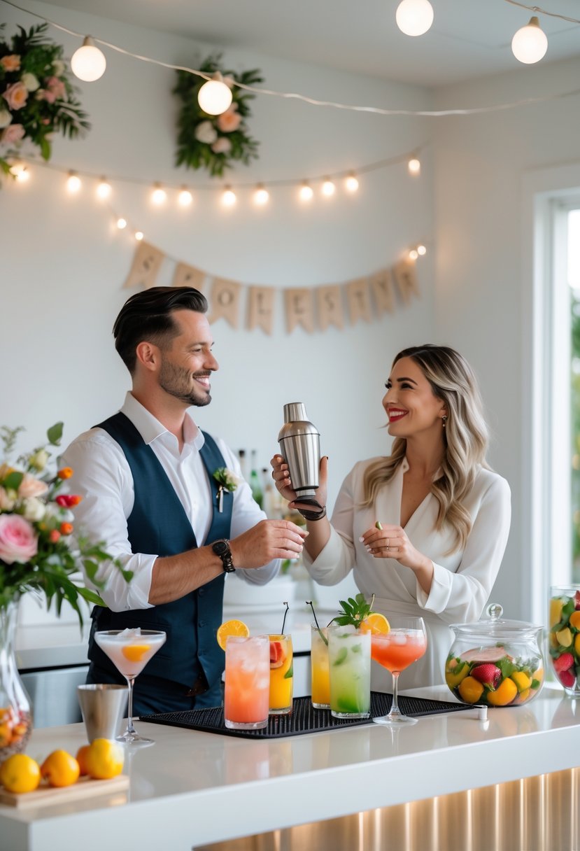 A couple making cocktails together at a decorated bar during a wedding shower celebration.