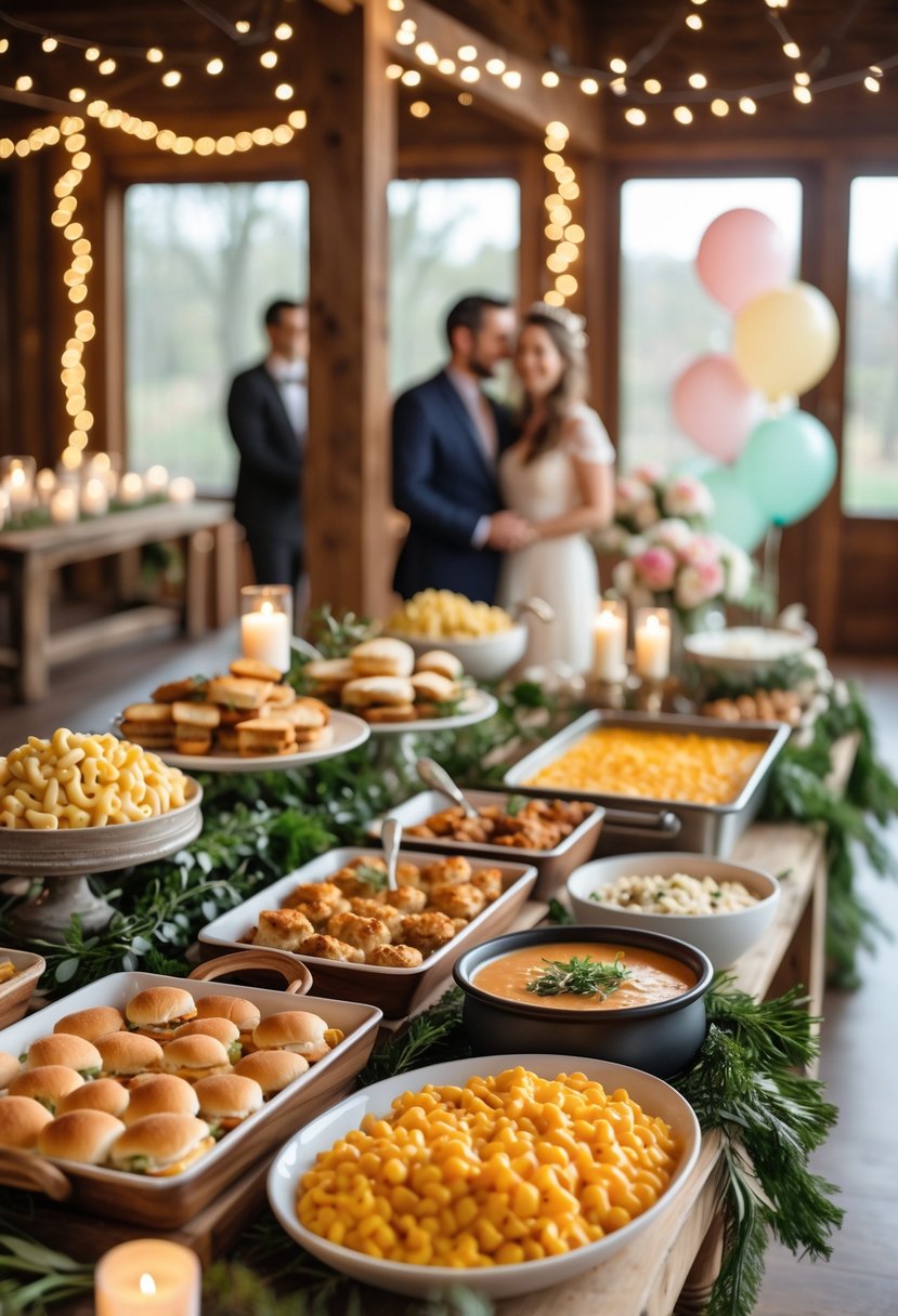 A cozy buffet table with comfort foods and a couple enjoying a wedding shower celebration indoors.