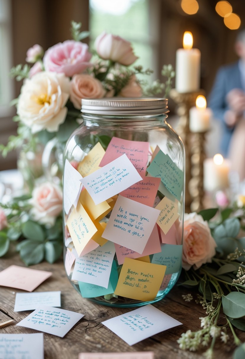 A glass jar filled with colorful handwritten notes sits on a wooden table surrounded by pastel flowers and wedding shower decorations.