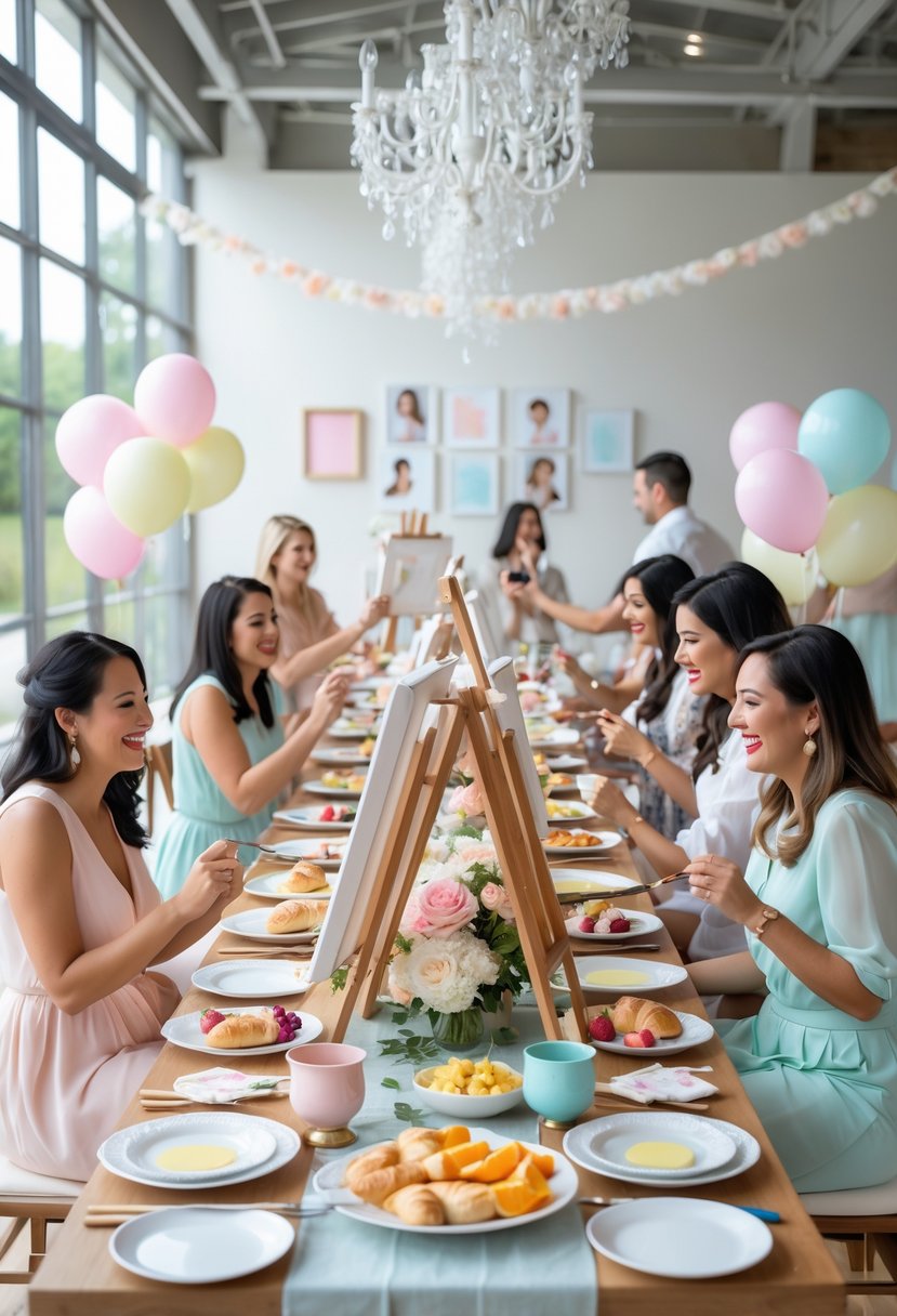 A group of people enjoying a brunch with painting activities at a decorated indoor wedding shower, featuring food, flowers, and art supplies on a long table.