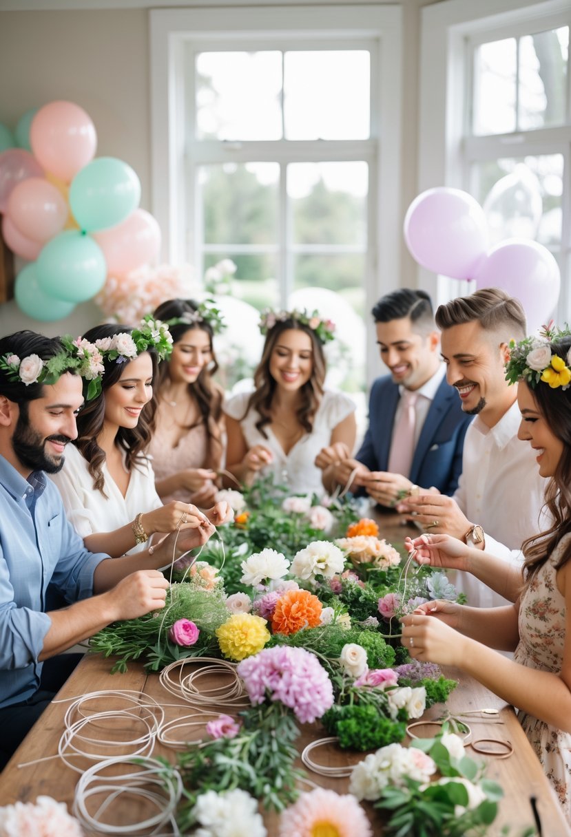Couples making flower crowns together at a decorated table with fresh flowers and crafting supplies.