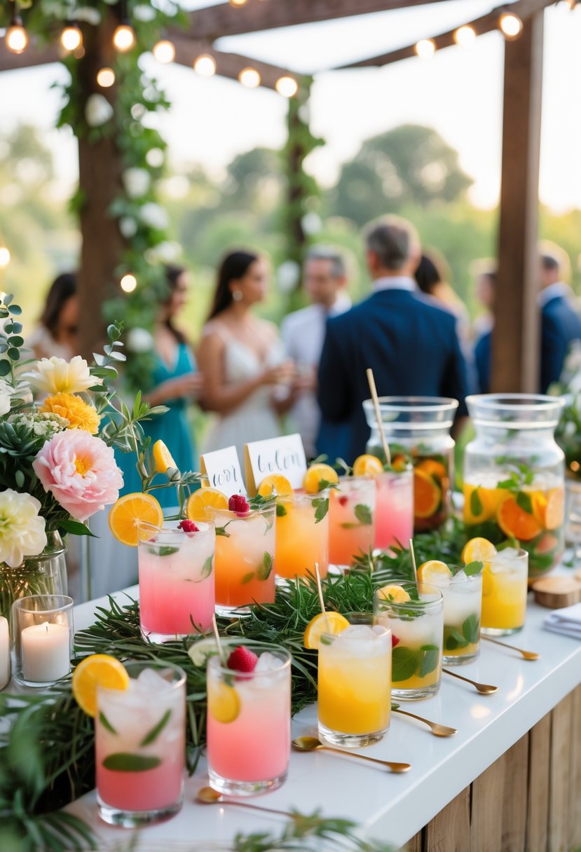 A decorated mocktail bar with colorful drinks, fresh fruit, and flowers at a wedding shower with guests in the background.