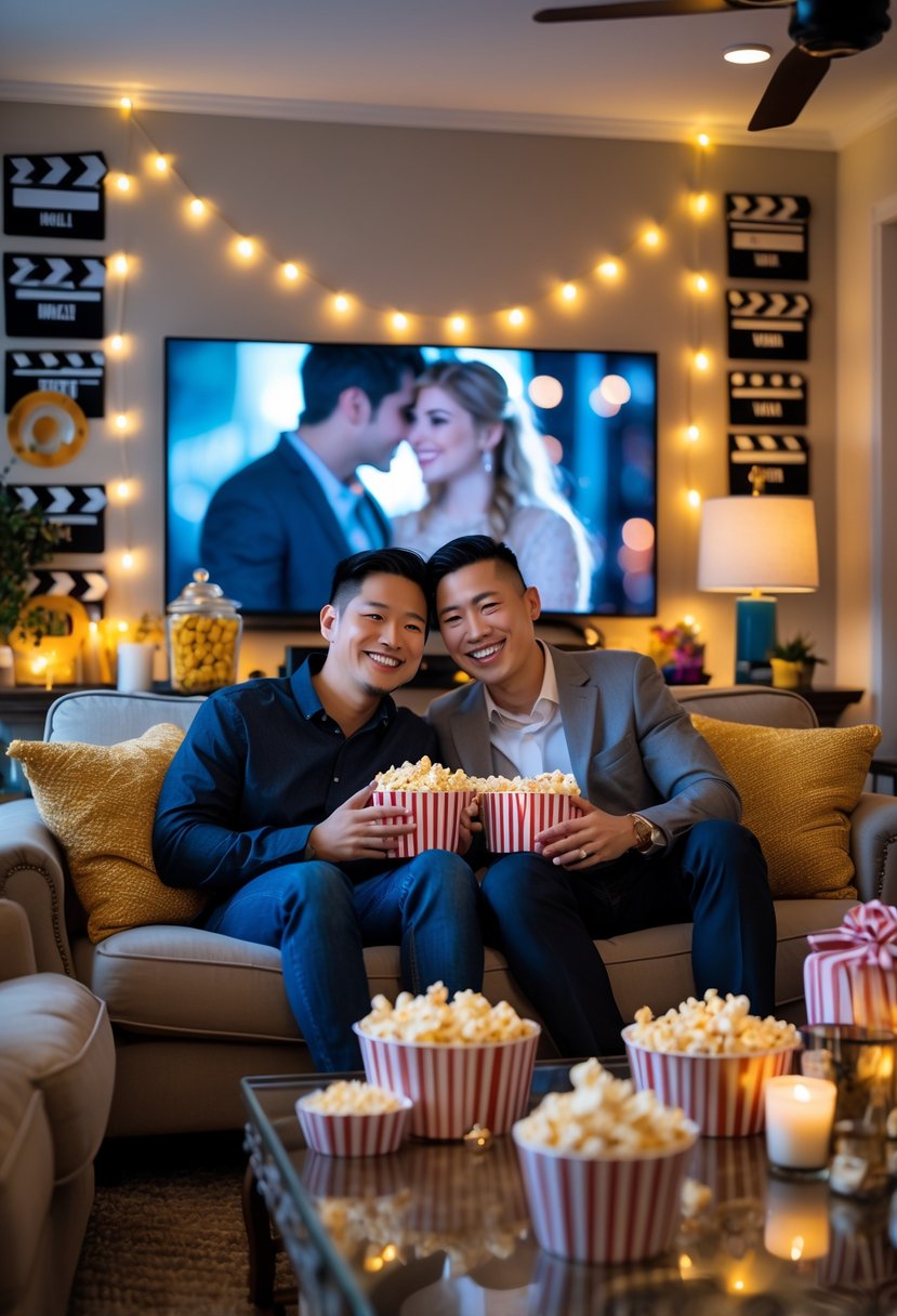 A couple sitting on a sofa enjoying a movie marathon-themed wedding shower with movie decorations and snacks around them.