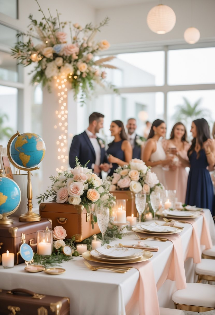 A wedding shower decorated with travel-themed items including suitcases, globes, and airplane models, with guests celebrating in the background.