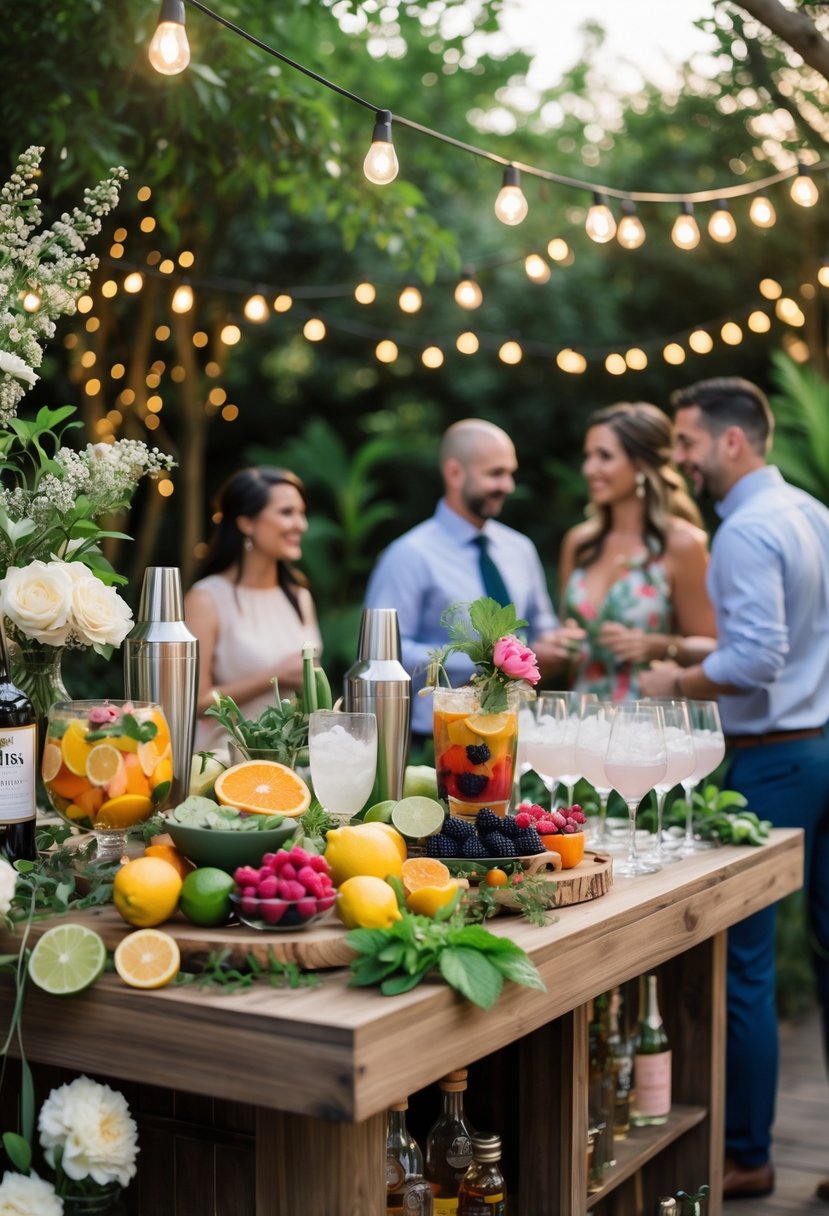 A wedding shower cocktail station outdoors with fresh fruits, spirits, glassware, and guests enjoying drinks in a garden setting.