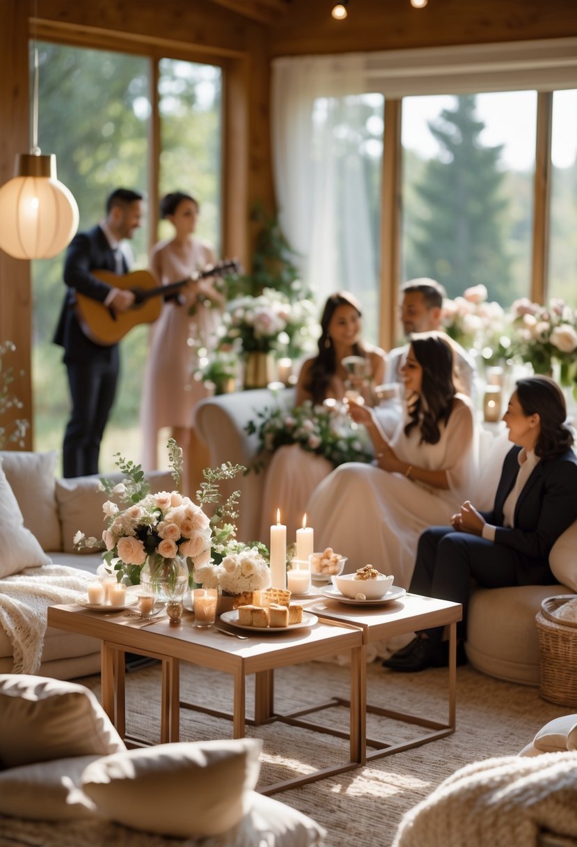 Couples enjoying a cozy indoor wedding shower with acoustic guitar music, floral decorations, and soft lighting.