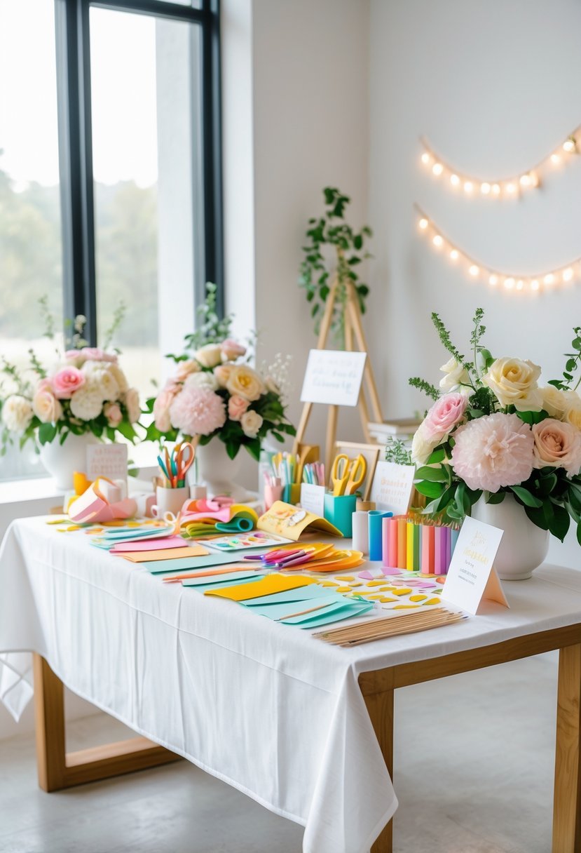 A craft station with colorful supplies and floral decorations set up for guests at a wedding shower.