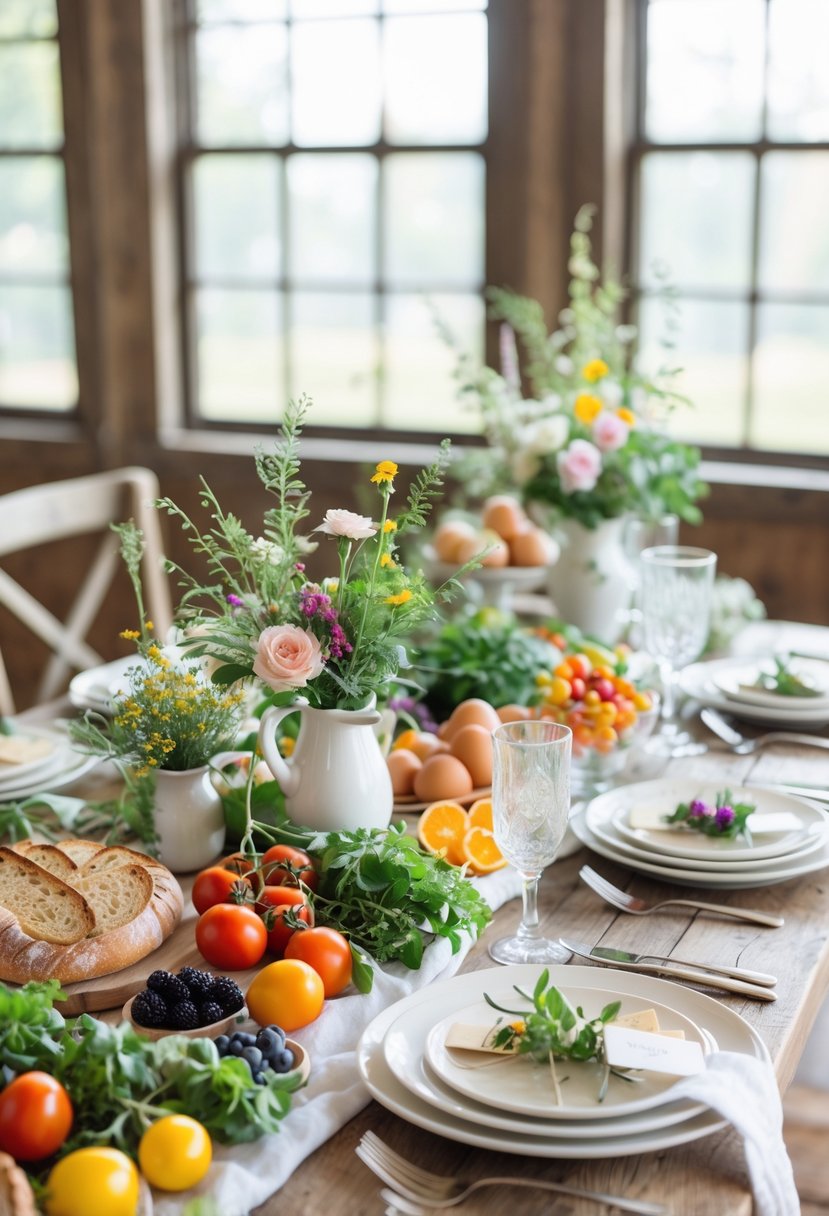 A rustic wooden table set for a wedding shower brunch with fresh local fruits, vegetables, breads, flowers, and elegant tableware in natural light.
