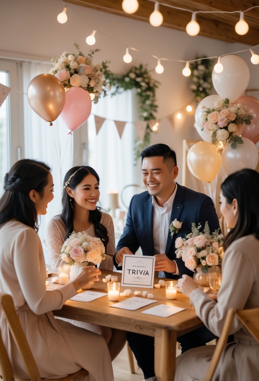 A couple and friends playing a trivia game at a decorated table during a wedding shower celebration.