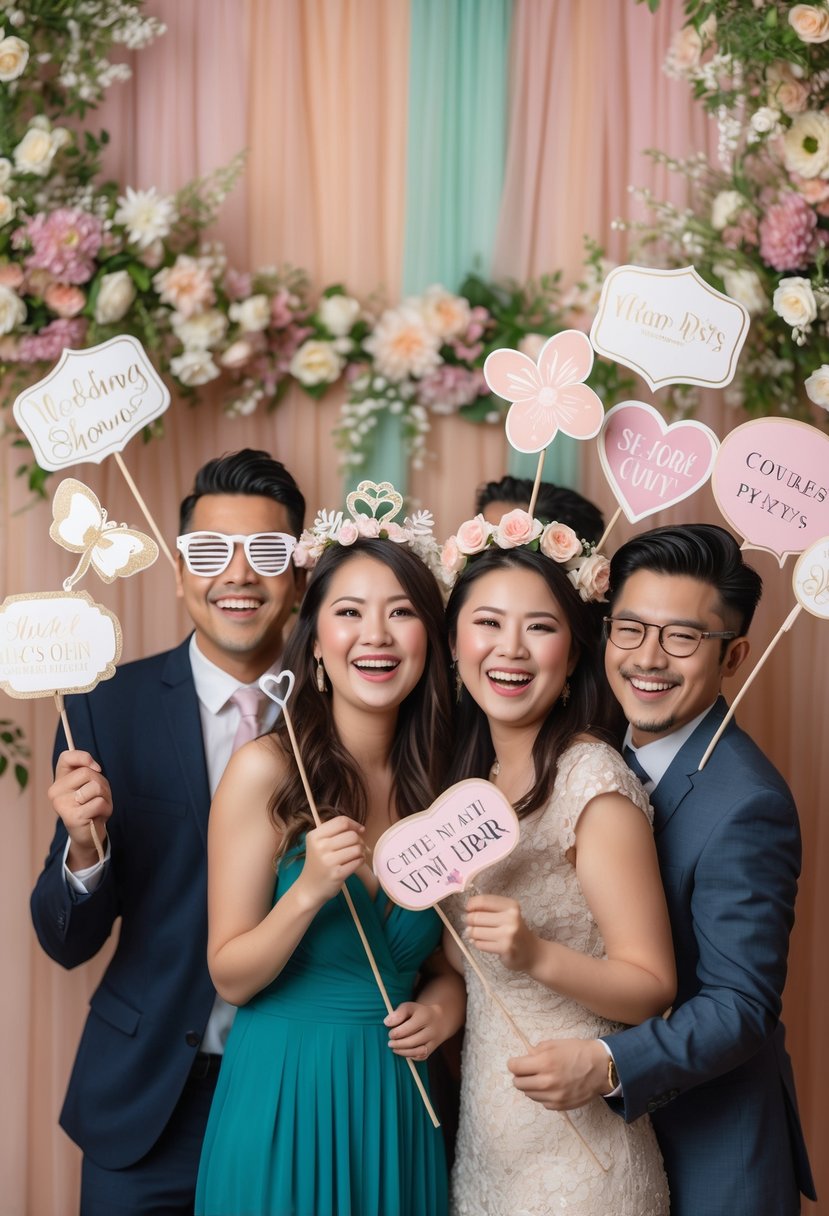Couples posing and laughing in a decorated photo booth with themed wedding shower props.