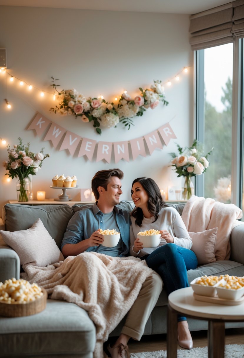A couple sitting on a sofa watching movies together surrounded by wedding shower decorations and snacks in a cozy living room.