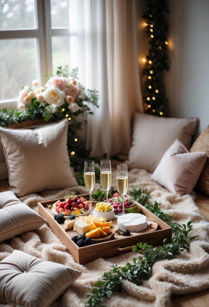 Indoor picnic setup with a blanket, cushions, finger foods, flowers, and champagne glasses arranged for a wedding shower.
