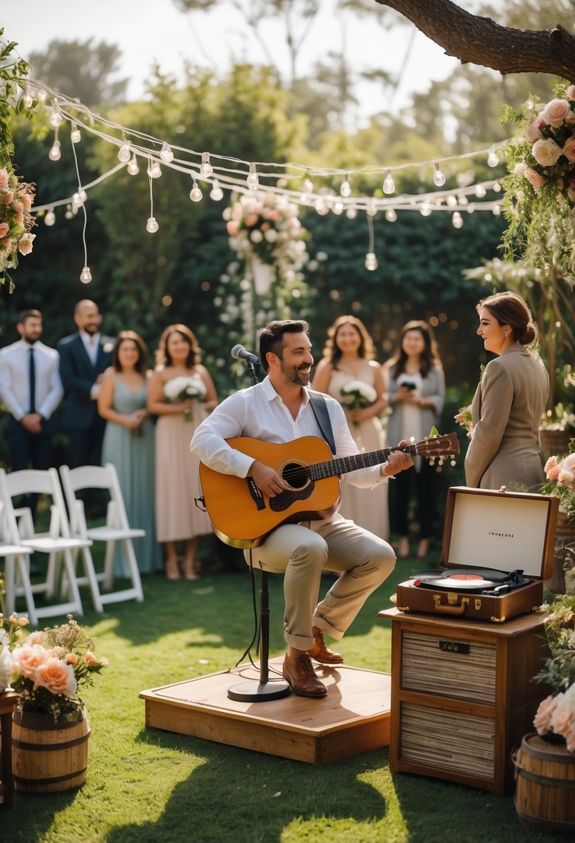 A live acoustic musician playing guitar at an outdoor wedding shower with guests seated nearby in a garden setting.