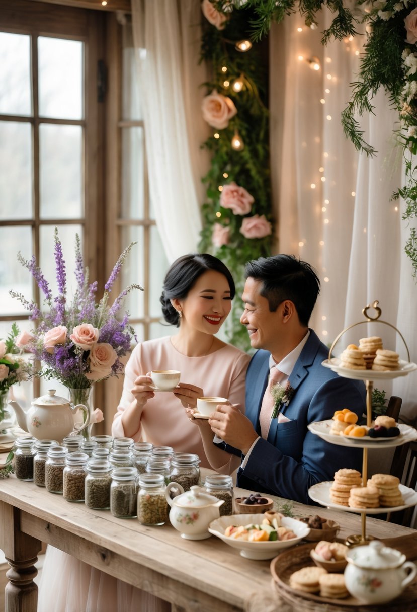 A couple sitting at a wooden table enjoying herbal tea together surrounded by flowers, pastries, and soft decorations.