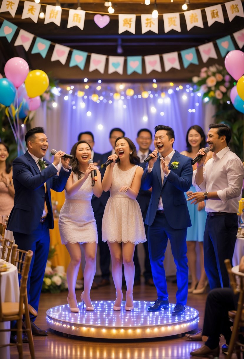 Couples singing and enjoying a karaoke competition at a wedding shower with guests watching and celebrating.