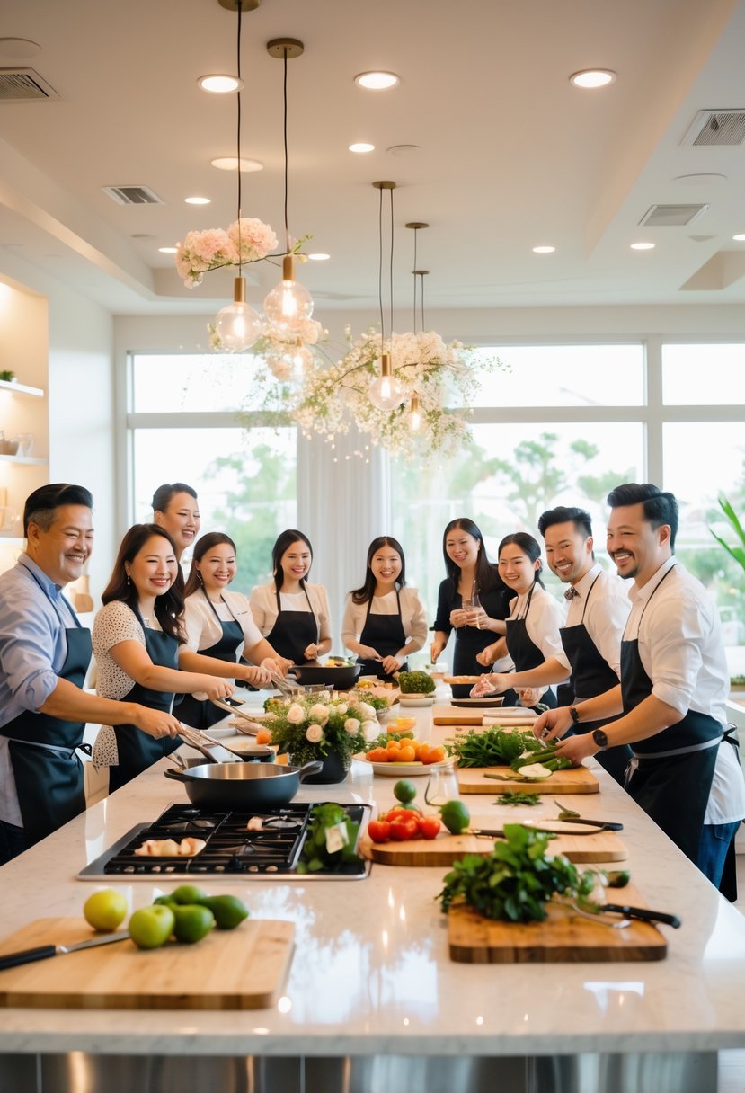 Couples cooking together in a bright kitchen during a wedding shower event, smiling and preparing food around kitchen islands.