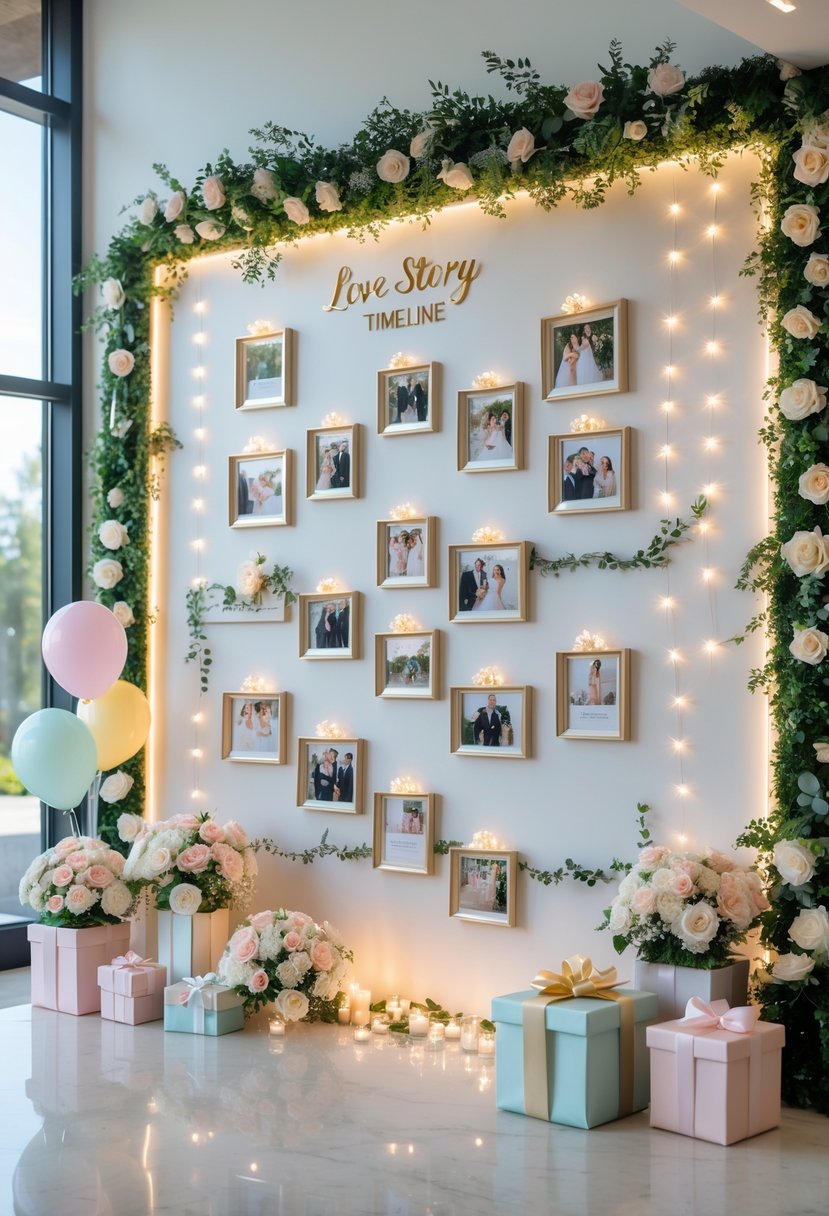 A decorated wall showing a couple's love story timeline with photos and lights, surrounded by wedding shower decorations including balloons, flowers, and gifts.