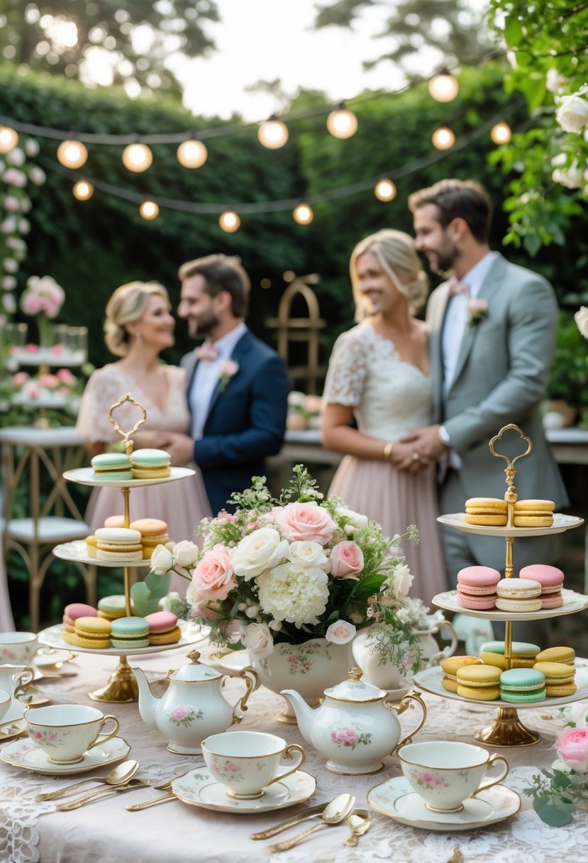 A beautifully set outdoor tea party table with teacups, flowers, and desserts, surrounded by couples enjoying a wedding shower.