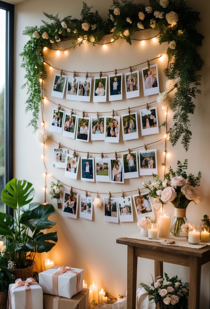 A cozy indoor scene with a photo memory wall decorated with pictures of a couple, surrounded by flowers, fairy lights, and wedding shower decorations.