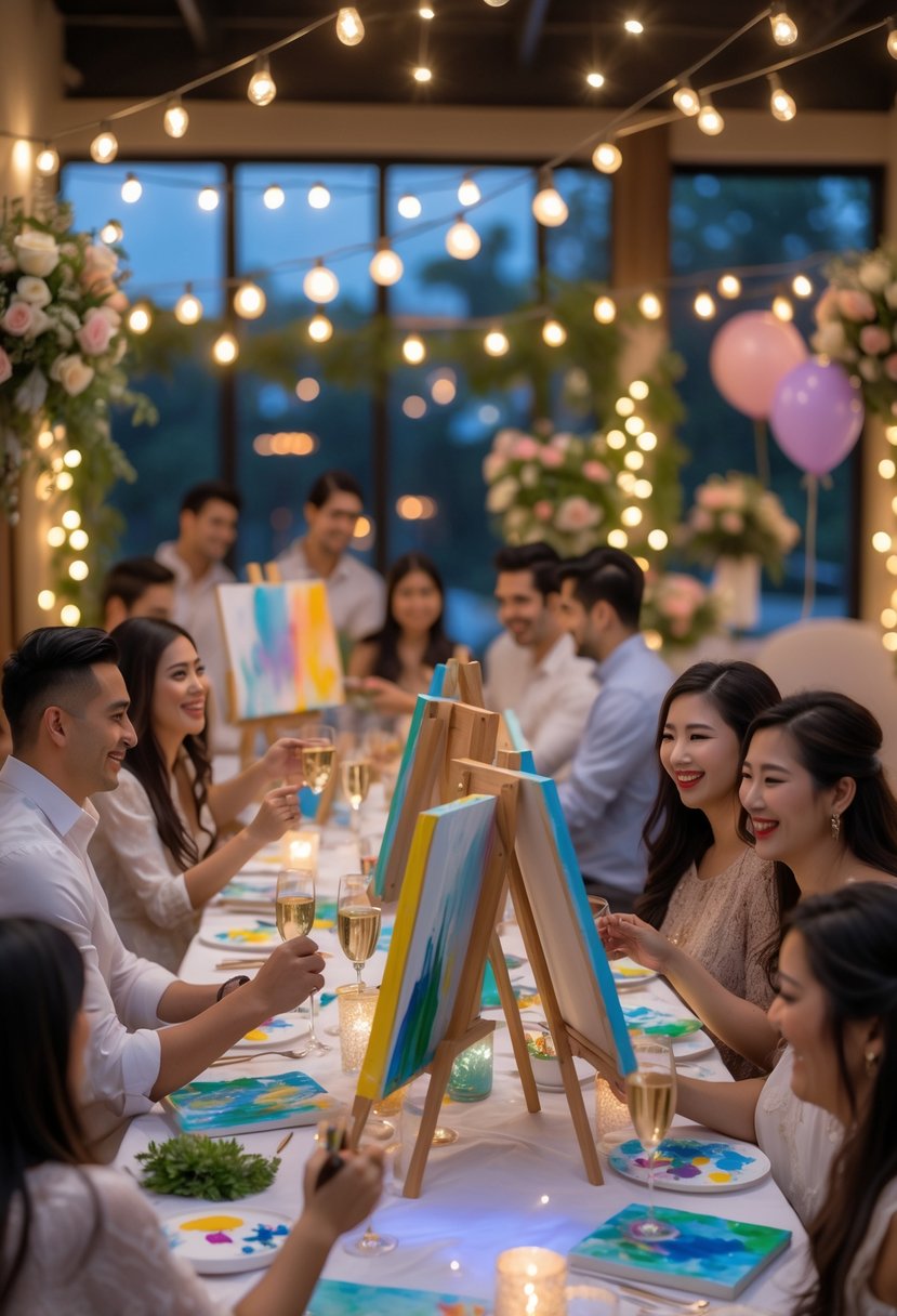 Couples sitting around tables painting on canvases and drinking wine in a warmly decorated room during a wedding shower celebration.