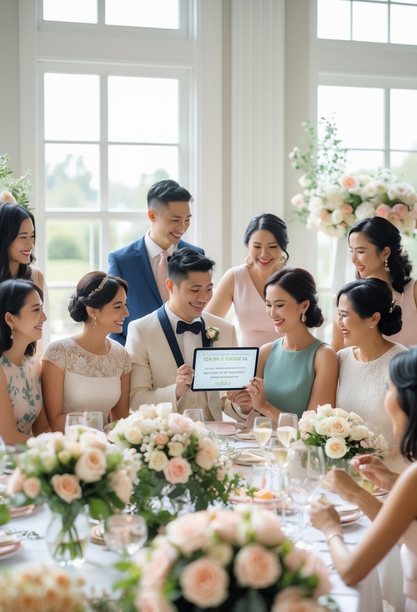 A couple and guests gathered around a decorated table at a wedding shower, smiling and celebrating a charity donation made in the couple's names.