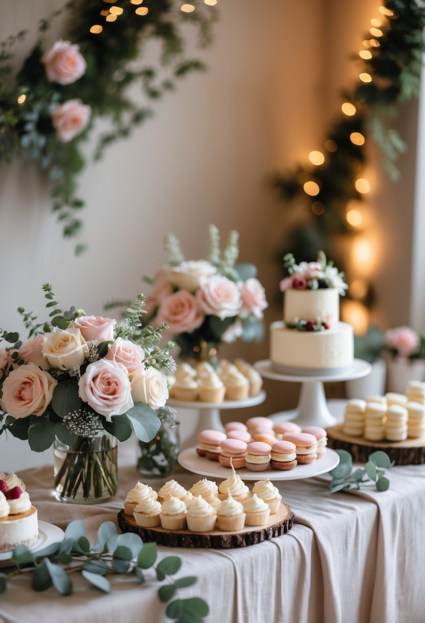 A dessert table with cupcakes, macarons, mini cheesecakes, and a small tiered cake decorated with flowers, surrounded by floral arrangements and soft lighting for a wedding shower.
