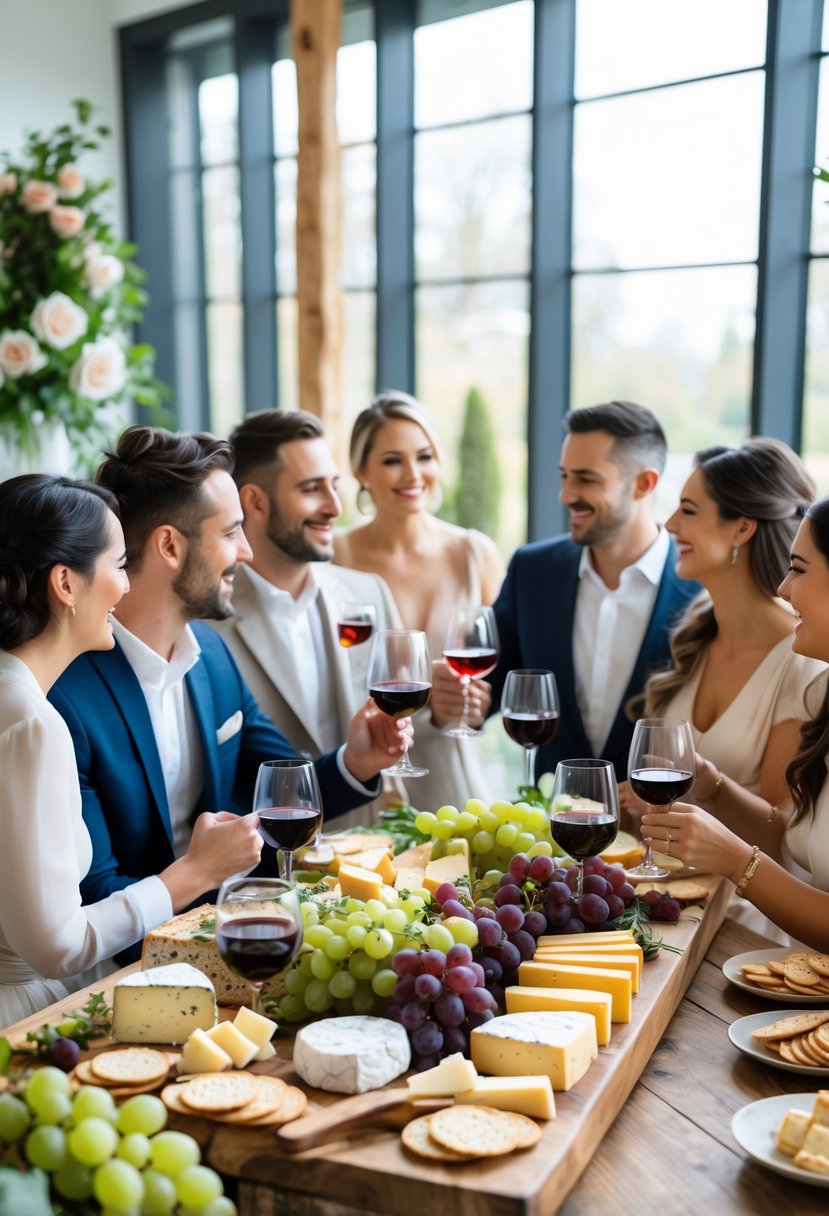 Couples enjoying a wine and cheese tasting at a modern wedding shower with a table full of cheeses, wine glasses, and fresh fruit in a bright room.
