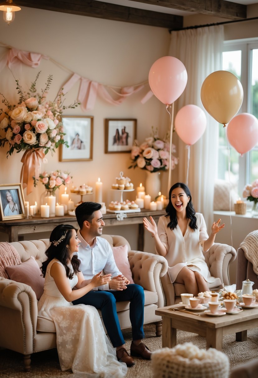A couple and friends gathered indoors for a cozy wedding shower, listening to a storyteller in a warmly decorated room.