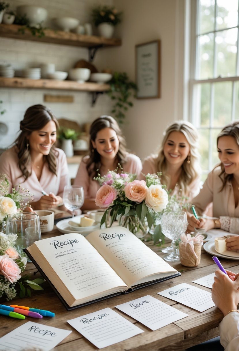 An open recipe book on a wooden table surrounded by handwritten recipe cards and colorful pens, with guests writing and sharing recipes in a decorated kitchen setting.