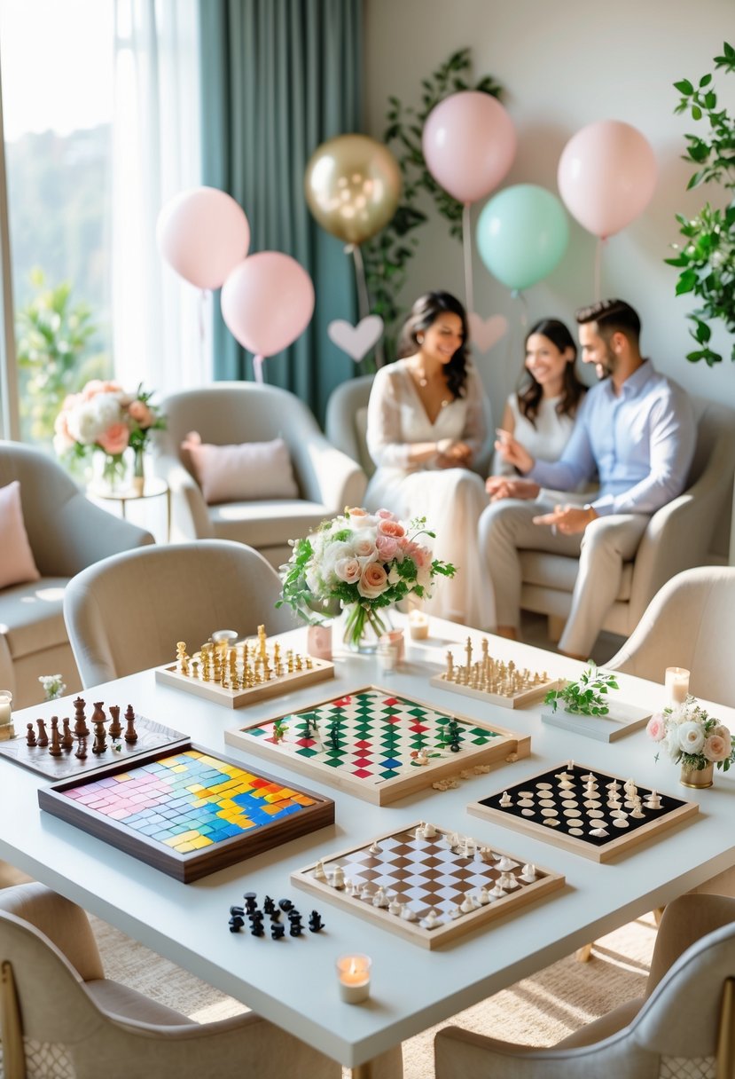 A cozy corner with a table set up with puzzles and board games, decorated for a wedding shower with flowers and balloons, and couples enjoying playing games together.