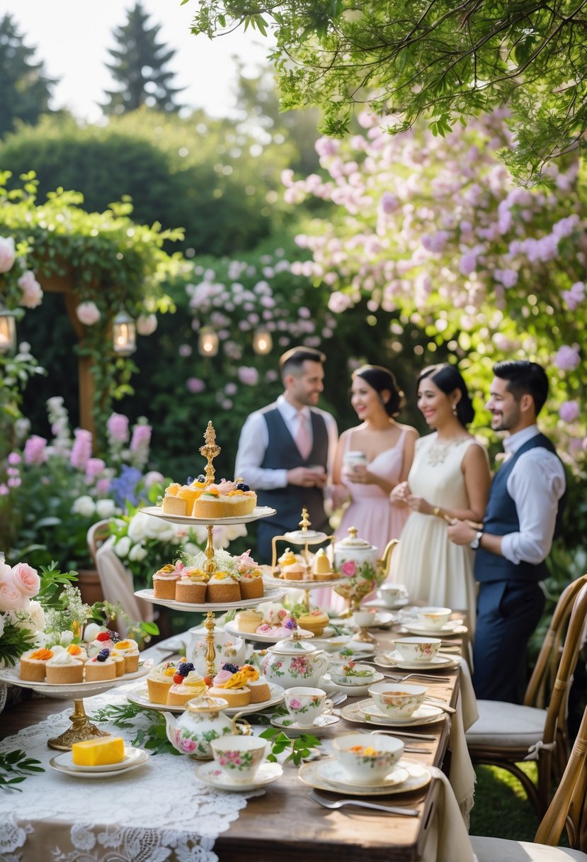 Outdoor garden tea party with decorated table, exotic teas, pastries, flowers, and guests celebrating a wedding shower.