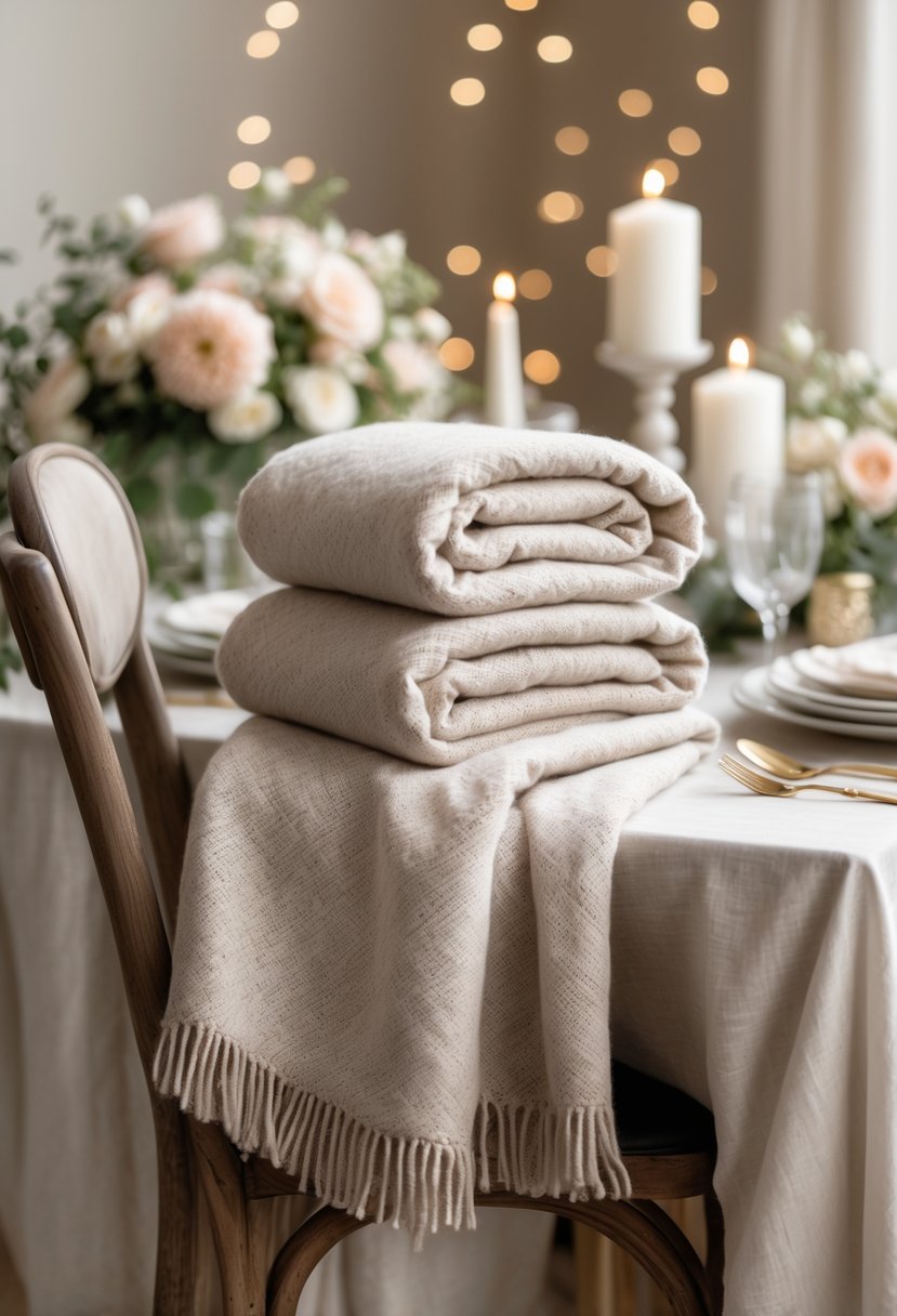A soft throw blanket arranged as a wedding shower favor on a decorated table with flowers and candles.