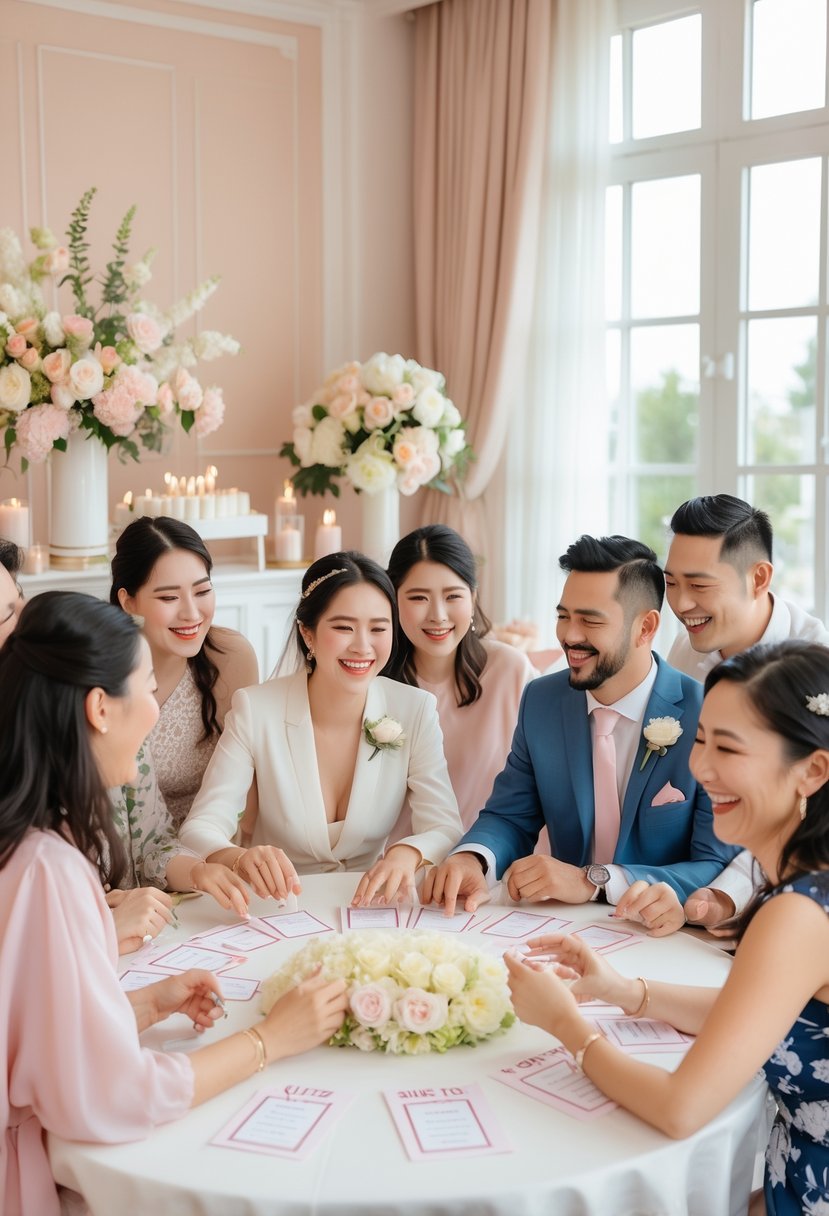 A couple and their friends enjoying a wedding shower trivia game in a decorated room with flowers and soft lighting.