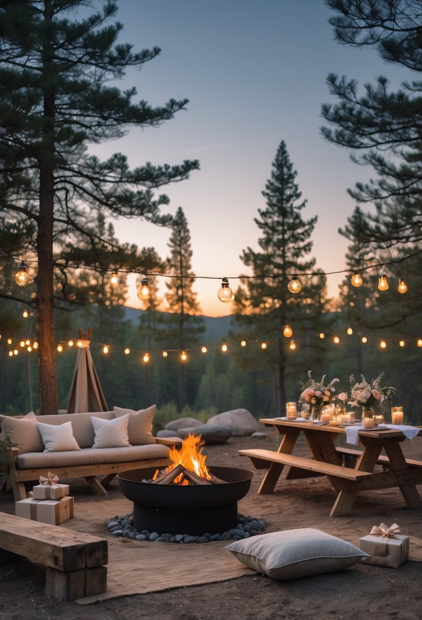 Outdoor wedding shower setup around a cozy fire pit with rustic seating, decorated picnic table, and string lights in a forested camping area.