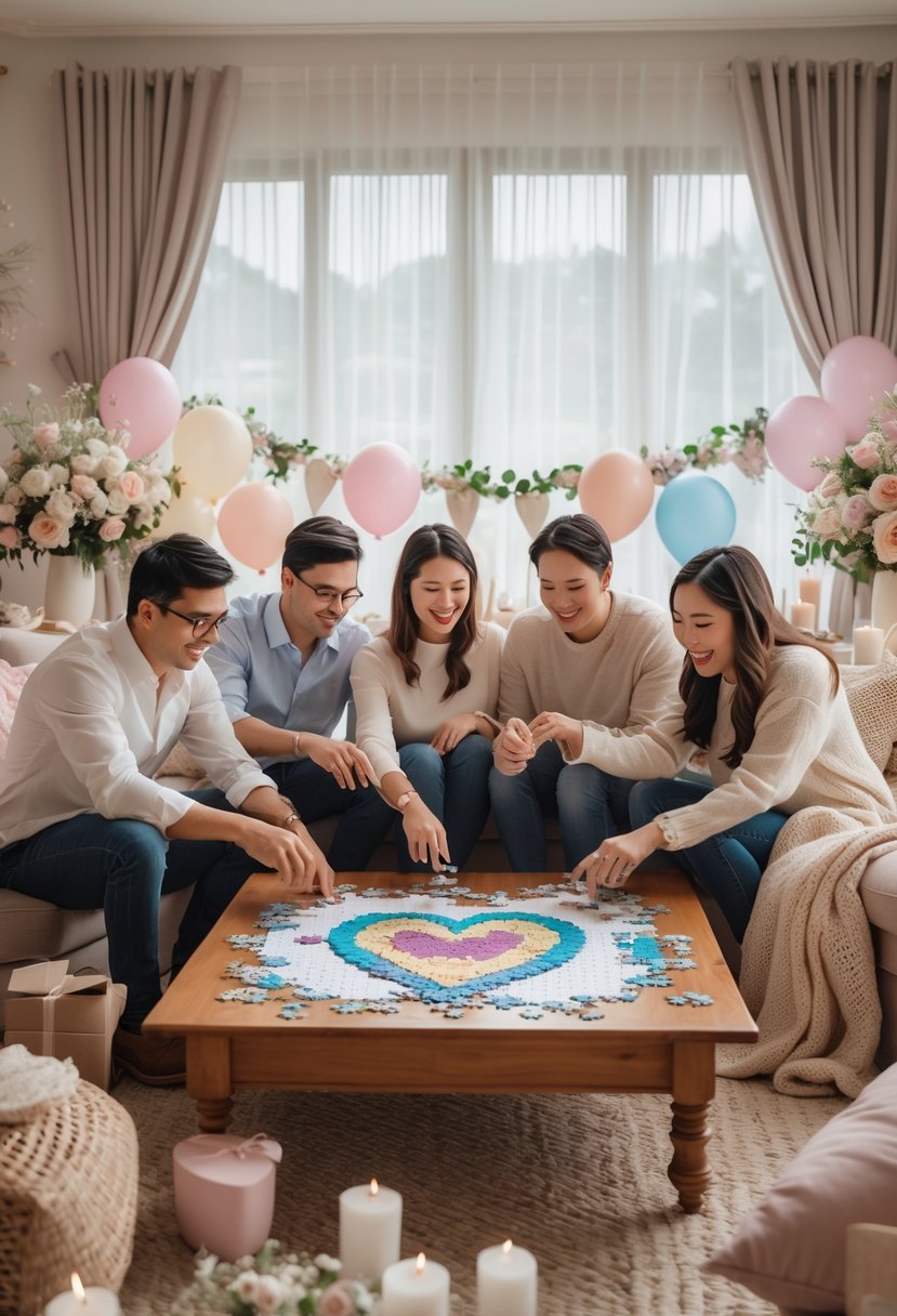 Couples gathered around a coffee table working together on a custom puzzle during a cozy wedding shower in a warmly decorated living room.