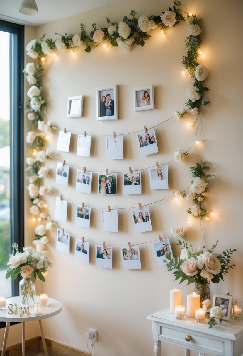 A wall display showing a couple's story timeline with photos connected by string, decorated with flowers and lights, set in a bright room with wedding shower decorations nearby.