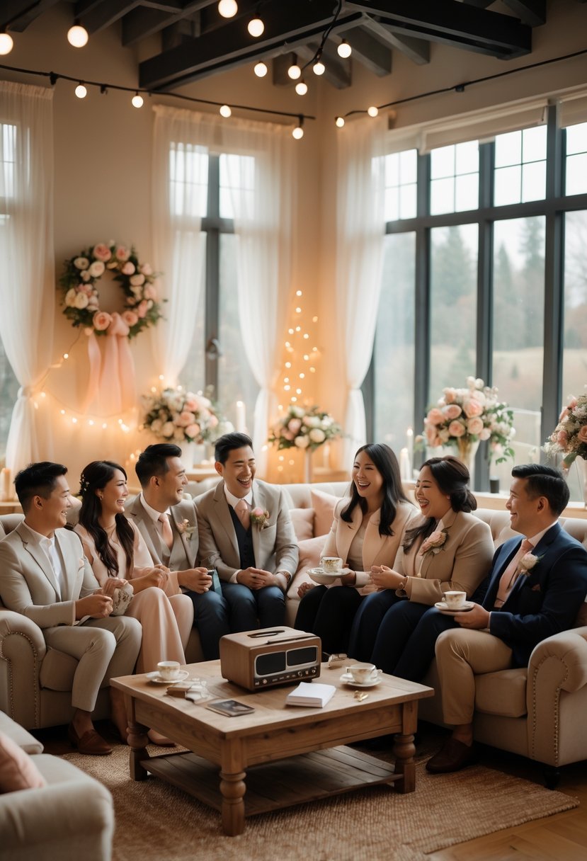A group of couples sitting together in a cozy, decorated room sharing music and enjoying a wedding shower celebration.