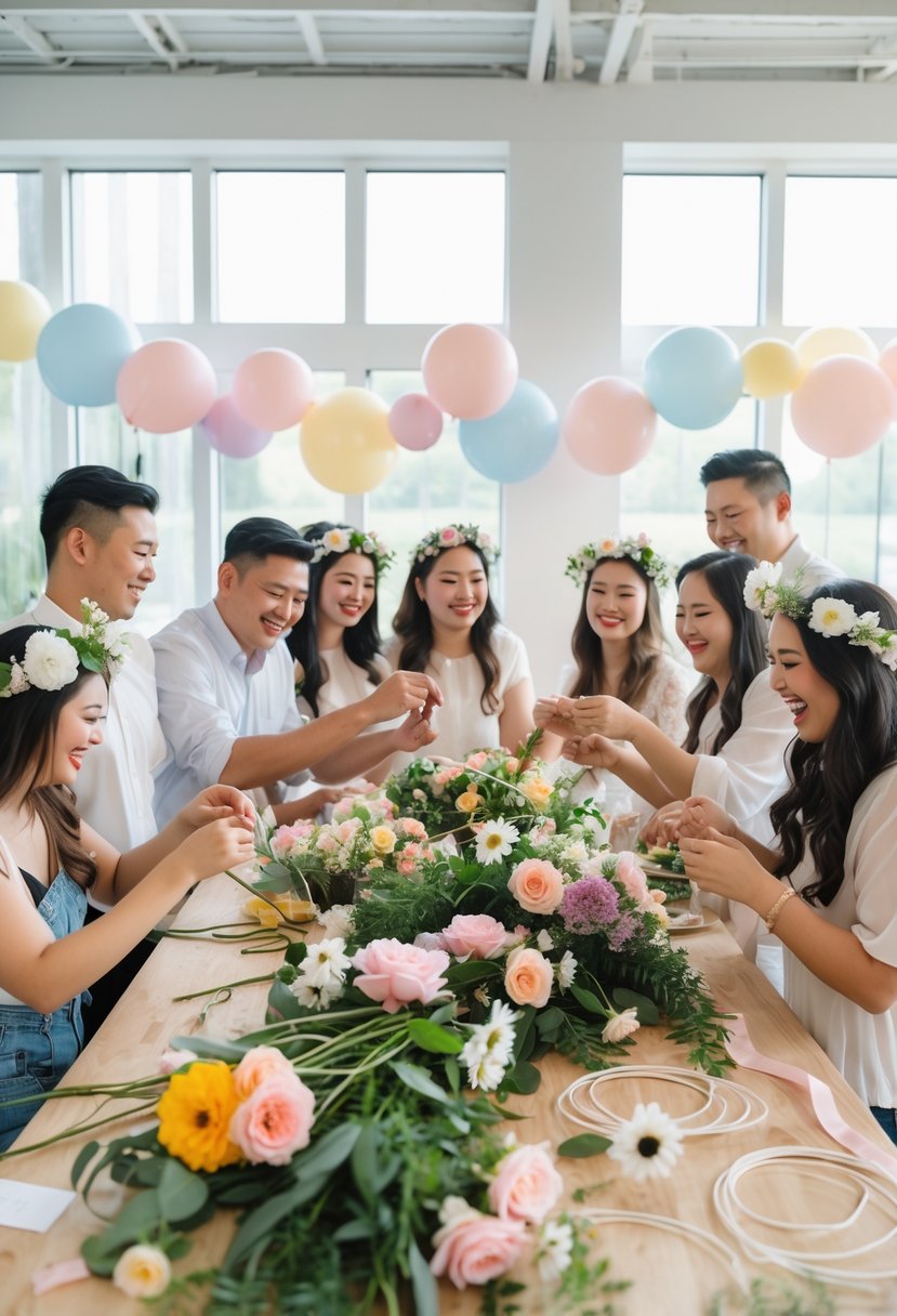 Couples making flower crowns together at a decorated table during a wedding shower.