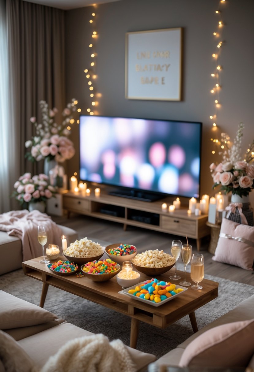 A cozy indoor scene with comfortable seating, snacks on a table, and wedding shower decorations including flowers and candles.